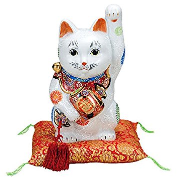 九谷焼 9号小槌持招き猫（押し手人取り引き先招き猫）白盛
