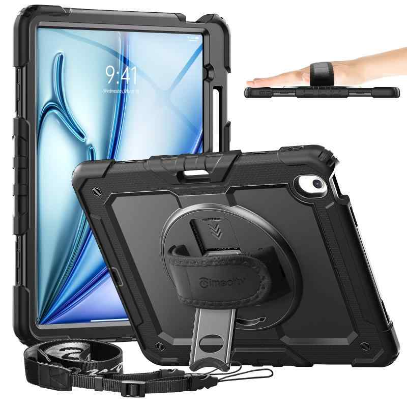 Timecity iPad Air 13インチ (M4/M3/M2) 専用ケース 耐衝撃 2026/2025/2024モデル ハンドグリップ/ショルダーストラップ付き 横置き/縦置き 360度回転スタンド ペン収納 工事 現場 画面フィルム 防塵 傷防