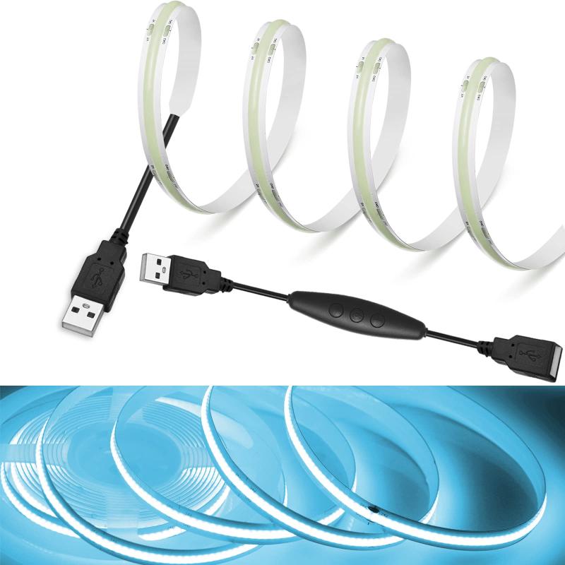 【Rye】 LEDストリップライトDC5V COBテープライトスーツフレキシブル 高密度 LEDテープライト 1.5m 320LEDs/m アイスブルー 180°発光CRI>=90，電源コードスイッチ、5段調光、45cmケーブル,両面テー画像