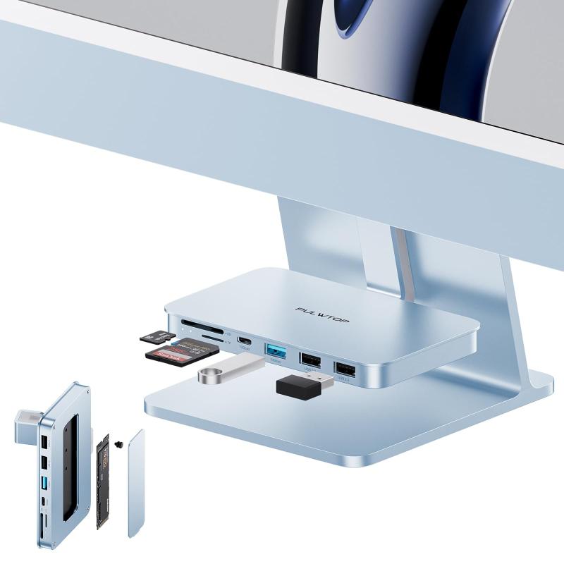 PULWTOP 7 in 1 USB C ハブ iMac 24インチ 2021/2023用 M.2 NVMe SSDスロット付 (SSD含まれない) フック式 Hub USB-C 3.2, USB-A 3.2, 2 USB-A 2.0, 1×MicroS|Blueberry