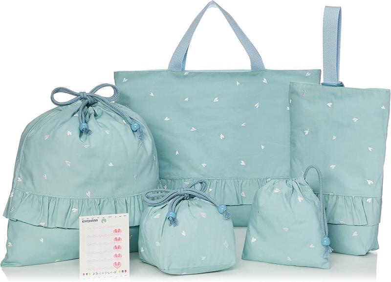 KIYOHARA 女の子 レッスンバッグ 上履き入れ 体操着袋 お弁当袋 コップ袋 お名前シール 刺繍 ハート ライトブルー KOF54-S5｜Blueberry