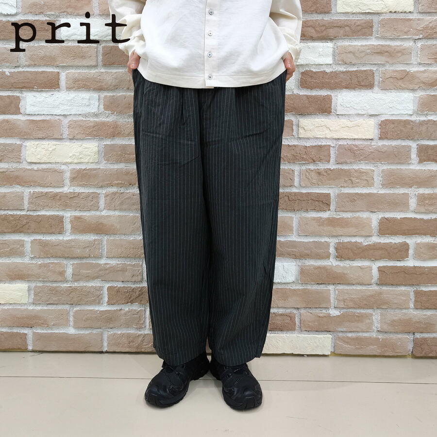 【今だけP10倍】prit プリット パンツ 服 コットン リネン ウェザー 近江晒 加工 タック バギーパンツ P71607 新作 ブランド レディース ストライプ テーパード ワイド バギー シルエット 人気 アンクル丈 ウエストゴム 全ゴム 総ゴム 2026 春 夏 春夏