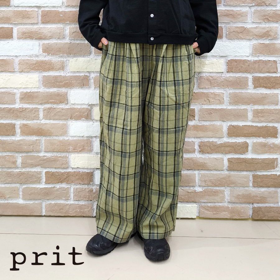 【4/10 1:59まで★10%OFFクーポン】prit プリット 服 パンツ 16/1 リネン コットン チェック タック イージーパンツ P71609 新作 ブランド レディース ワイド バギー ストレート シルエット ウエストゴム 全ゴム 総ゴム かわいい おしゃれ カーキ ベージュ 2026 春 夏