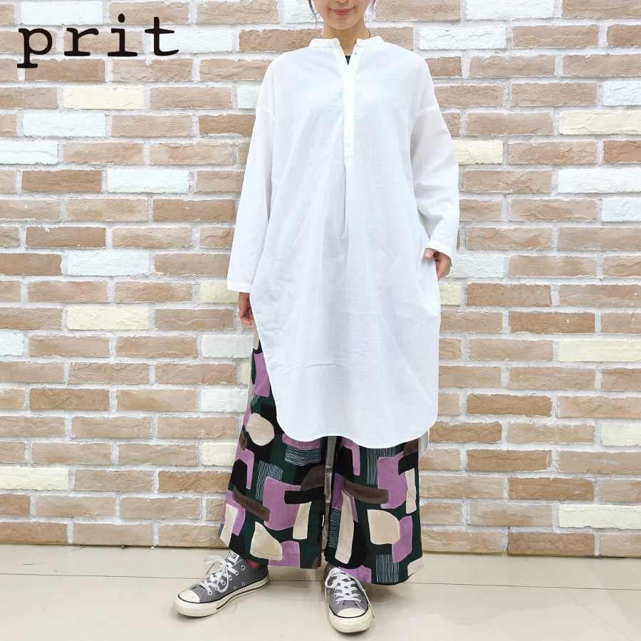 【★20%OFF】prit プリット セール シャツ 服 50/1 オーガニック コットン ボイル ビエラ 近江晒 加工 スタンドカラー サイドスリット チュニック P81624 SALE ブランド レディース トップス ブラウス バンドカラー ロング レイヤード 重ね着 2026 春 夏|ブルーベリーバンク