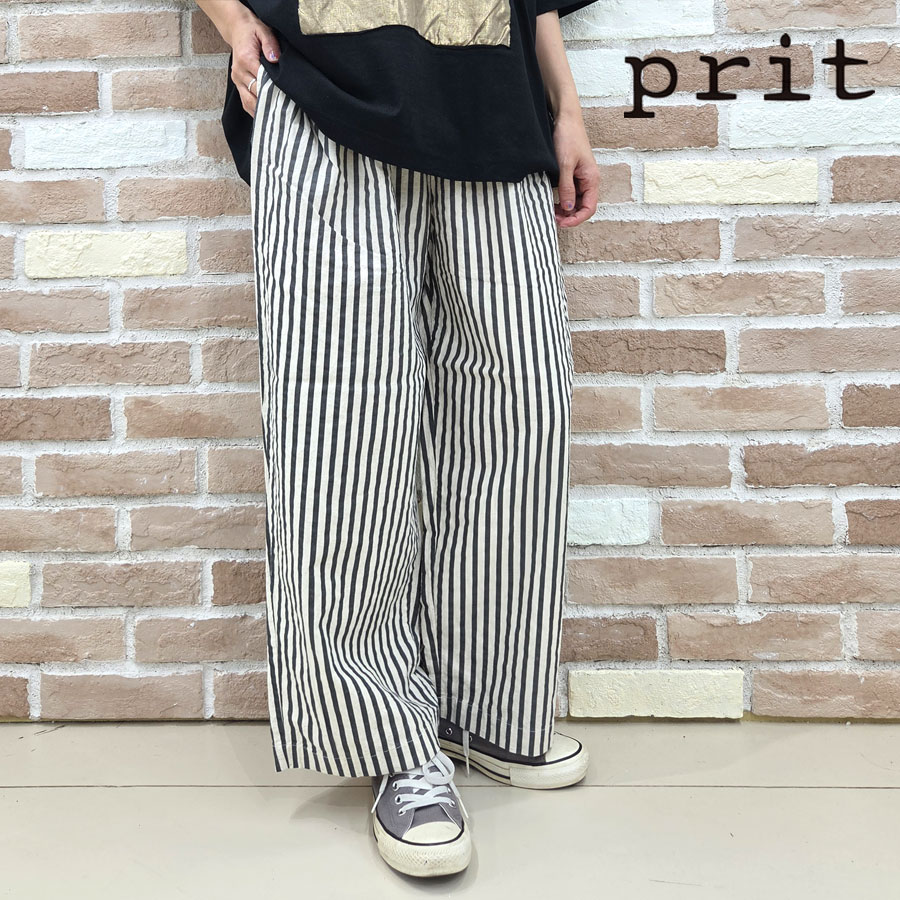 【今だけP10倍】prit プリット パンツ 服 20/1 コットン リネン ストライプ プリント タック イージーパンツ P72600 新作 ブランド レディース ワイド バギー ストレート シルエット 綿麻 ウエストゴム 全ゴム 総ゴム 大人 かわいい おしゃれ グレー