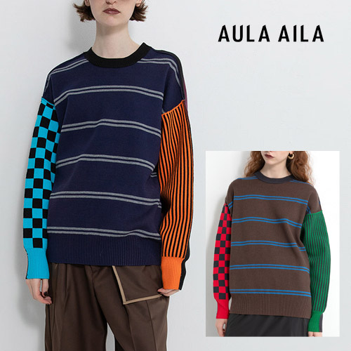 AULA AILA アウラアイラ マルチ間借り人2WAY編み物 赤銅色/米国海軍 大いさ0 MULTI BORDER 2WAY KNIT セーター-レディースファッション-トップス