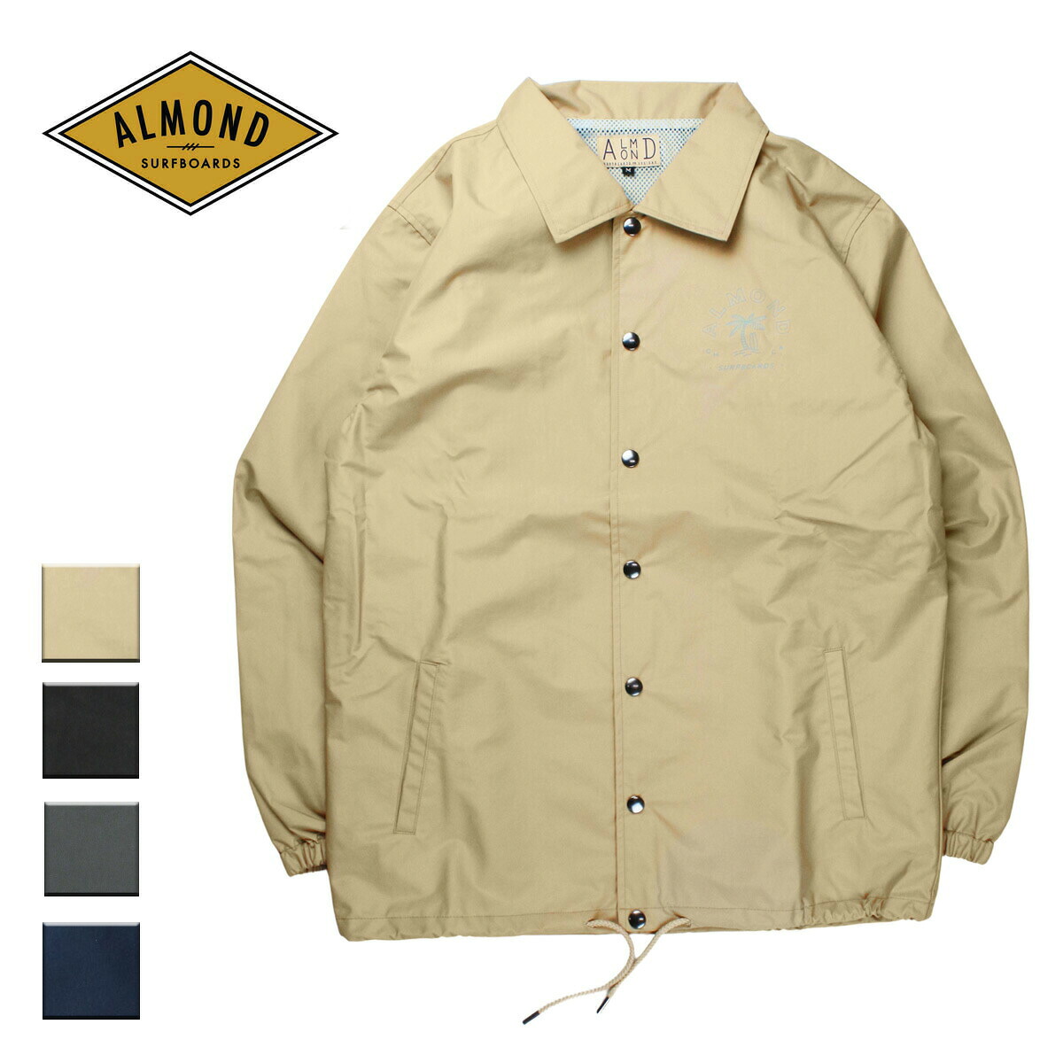 【送料無料】 Almond Surf アーモンドサーフボードデザイン PARADISE COACH JACKET メンズ/レディース サンド/ブラック/グレー/ネイビー S-XL 【コーチジャケット 日本製 ジャケット ウィンドブレーカー ナイロンジャケット ヤシの木 防水 撥水 ブランド 黒 紺】