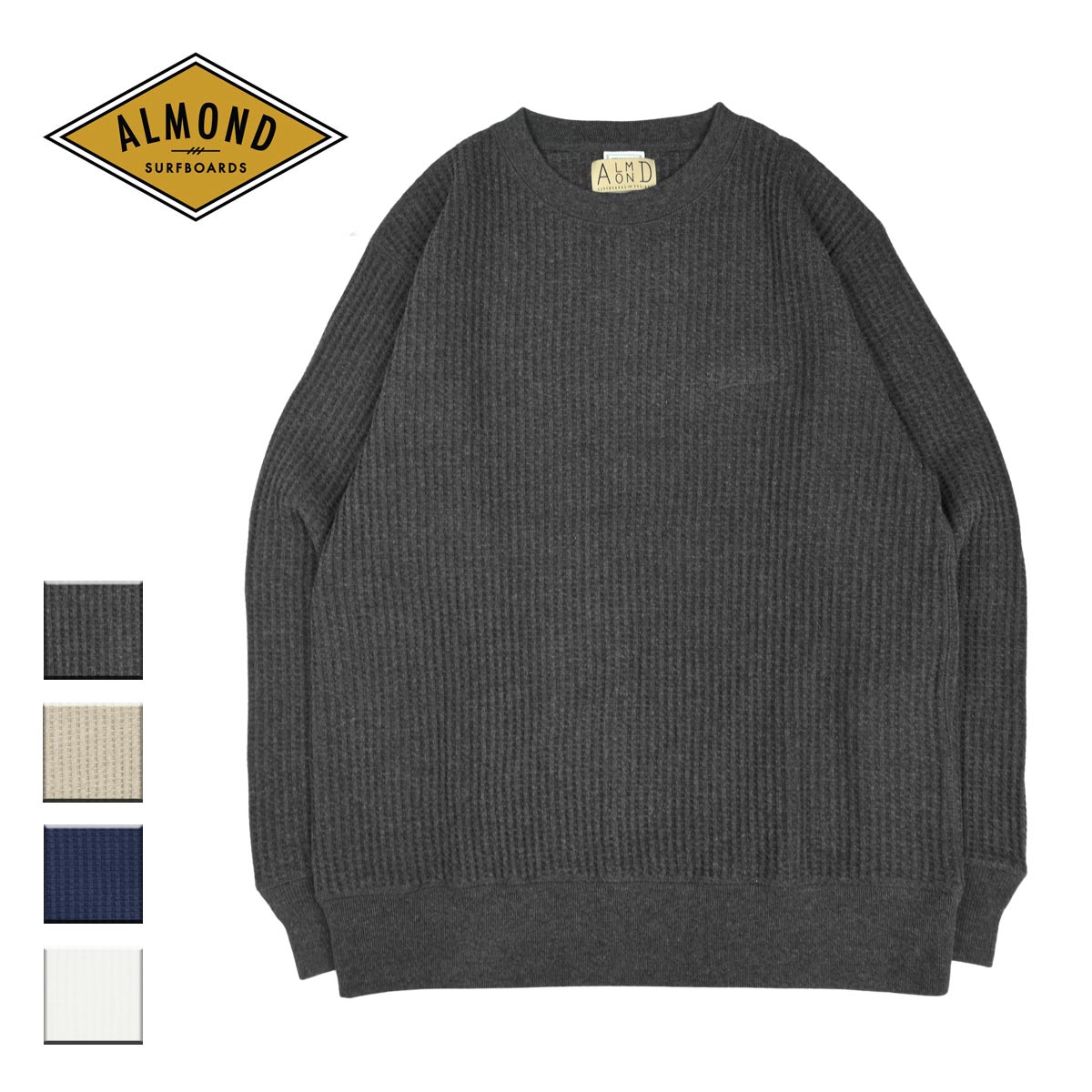Almond Surf アーモンドサーフ &times; JEMORGAN BIG WAFFLE メンズ/レディース チャコール/ベージュ/ネイビー/ホワイト S-L ALJM2004 【Tシャツ 長袖 長袖Tシャツ ロングTシャツ ワッフル ワッフル素材 サーマル サーマルTシャツ コラボ サーフ ブランド 茶色 白】｜Blueism
