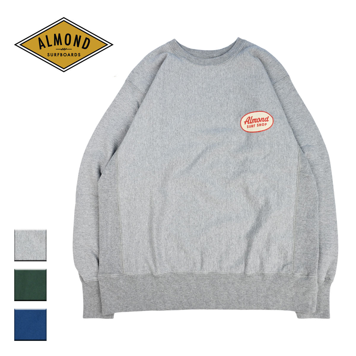 Almond Surf アーモンドサーフ ALMOND OVAL メンズ/レディース ヘザーグレー/ダークグリーン/ネイビー M-XL GF2355 【トレーナー スウェットトレーナー スウェット スエット 日本製 オーバルロゴ ロゴ 胸ロゴ カリフォルニア サーフ おしゃれ ブランド 緑 紺】