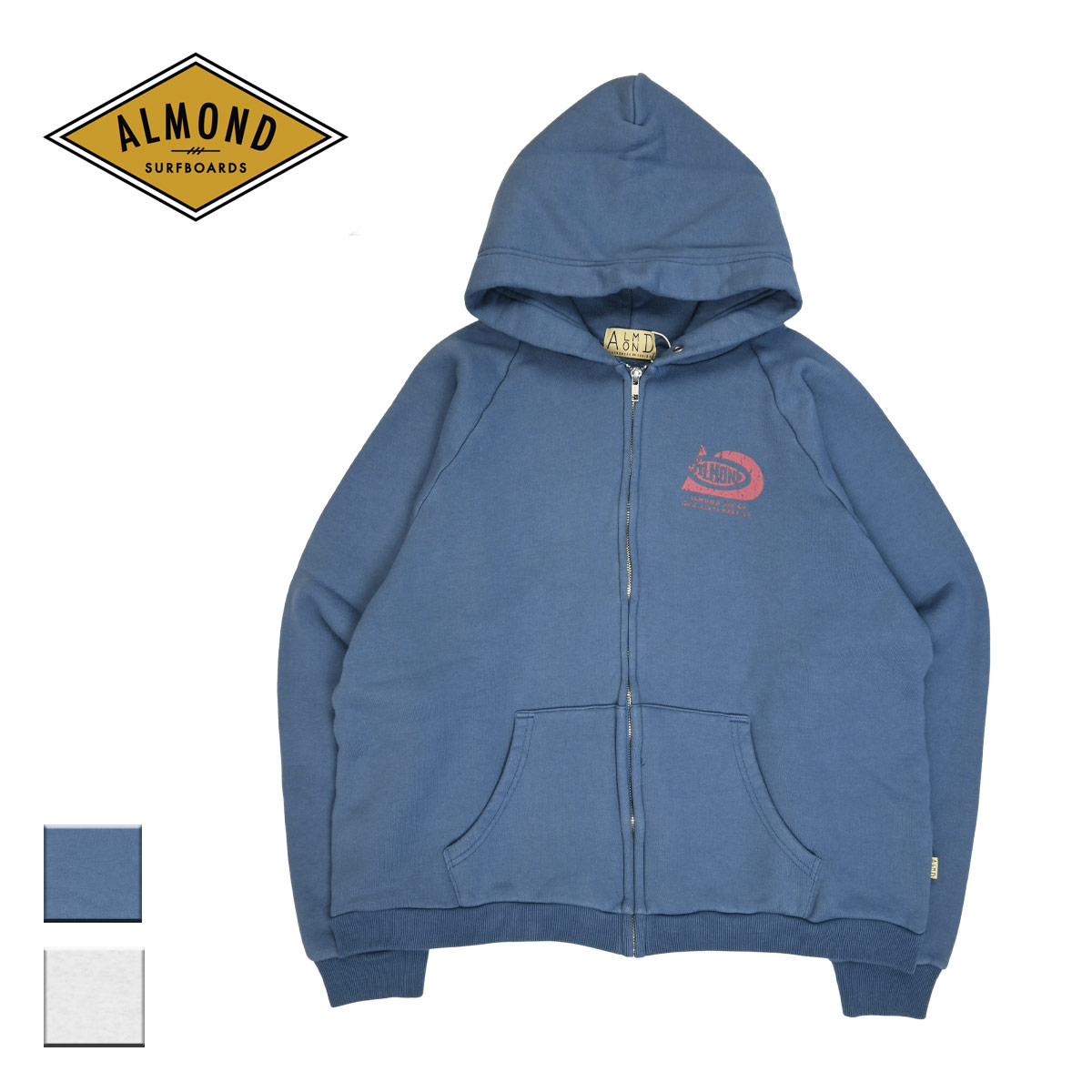 【送料無料】 Almond Surf アーモンドサーフ The Painters Zip メンズ/レディース ブルー/杢グレー S-L ZH3012 【ジップパーカー パーカー フーディー フーディ ジップアップパーカー ジップフーディー 裏毛 日本製 サーフ サーフブランド ブランド おしゃれ 青】