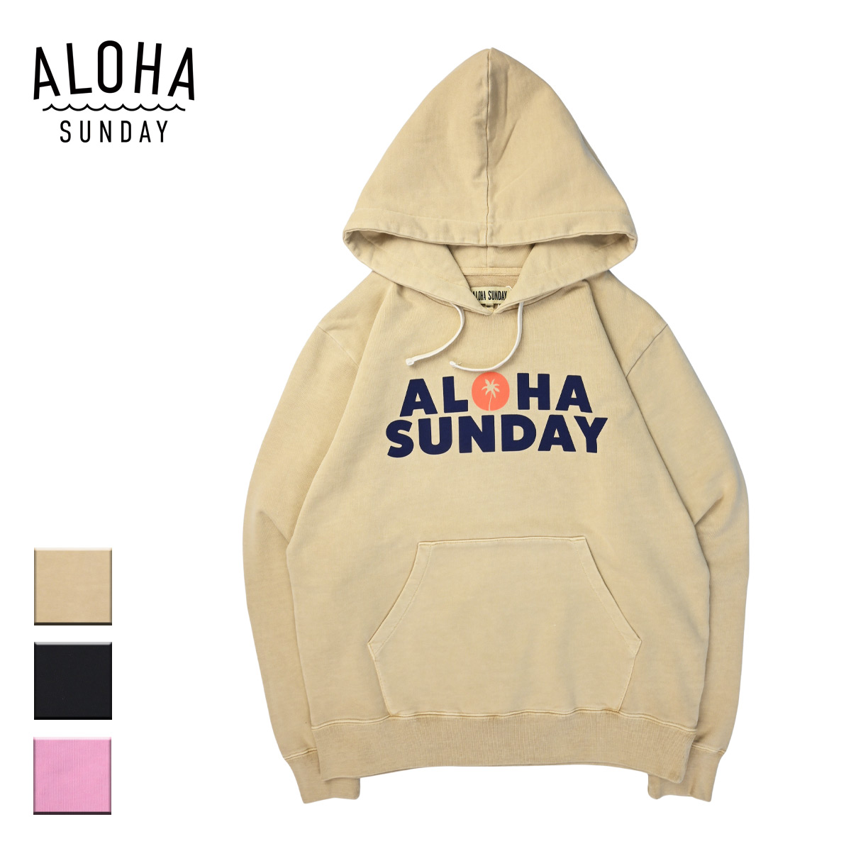 ALOHA SUNDAY アロハサンデー DUSK メンズ/レディース ベージュ/ブラック/ピンク S-XL AS3002 【プルオーバーパーカー パーカー 長袖 スウェットパーカー フーディー フーディ ロゴ ブランドロゴ プリント サーフ サーフブランド おしゃれ ブランド 黒】