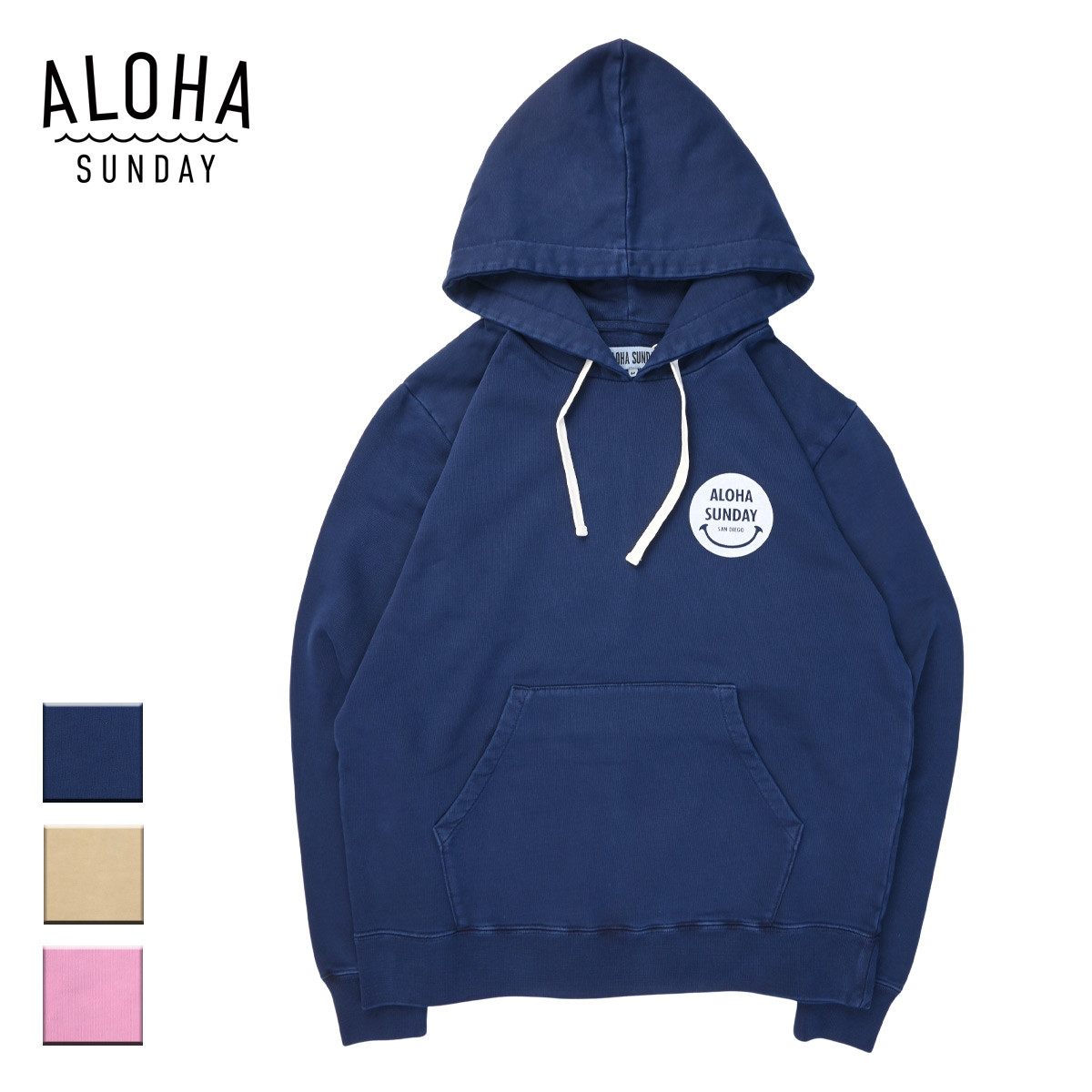 ALOHA SUNDAY アロハサンデー AS SMILE メンズ/レディース ネイビー/ベージュ/ピンク S-XL AS3003 【プルオーバーパーカー パーカー 長袖 スウェットパーカー フーディー フーディ スマイル にこちゃん プリント サーフ サーフブランド おしゃれ ブランド 紺】