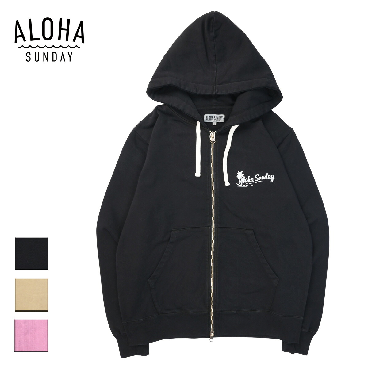 【送料無料】 ALOHA SUNDAY アロハサンデー BREEZE メンズ/レディース ブラック/ベージュ/ピンク S-XL AS3004 【ジップアップパーカー パーカー 長袖 フーディー フーディ ジップアップ ボックスロゴ ロゴ バックプリント プリント サーフ サーフブランド ブランド 黒】