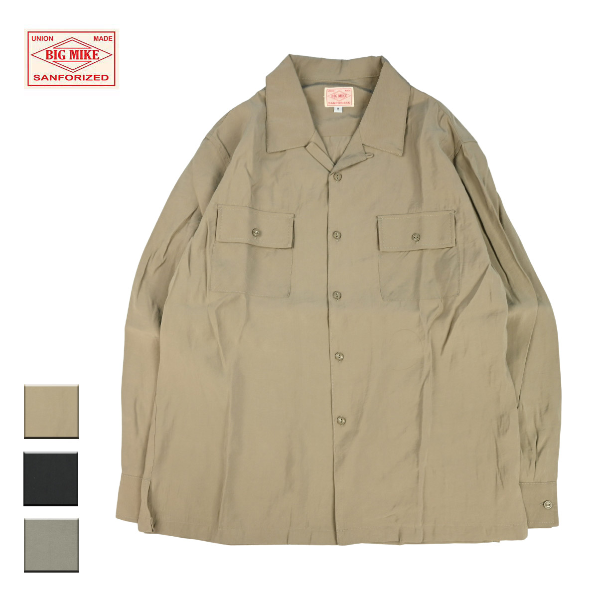 BIG MIKE ビッグマイク Rayon Mix Open Slit L/S Shirts メンズ サンド/ブラック/グレー M-XL 【レーヨンシャツ シャツ 長袖 オープンカラーシャツ ワークシャツ オープンカラー 開襟シャツ 開襟 レーヨン ブランド おしゃれ アメカジ 茶色 黒】｜Blueism