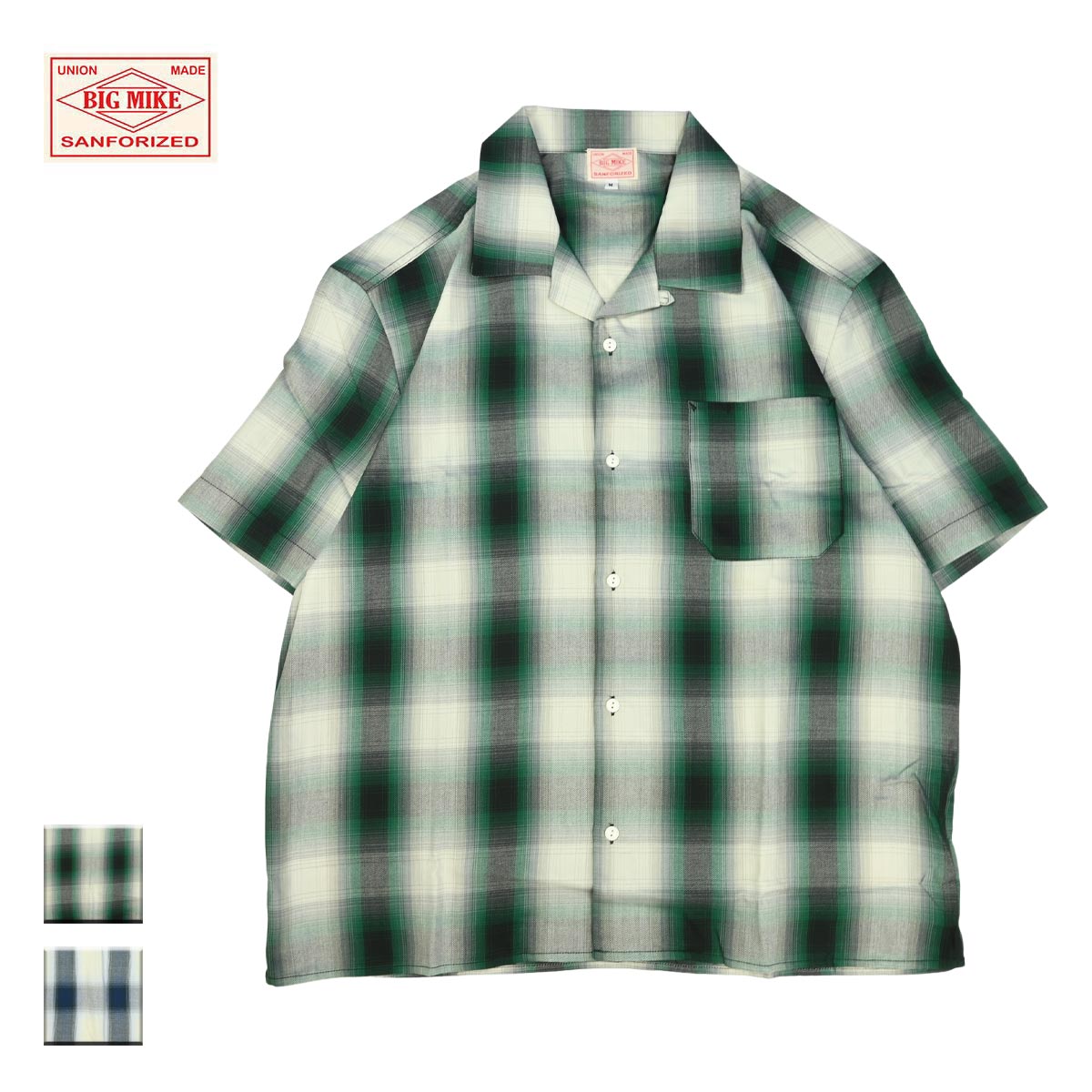 BIG MIKE ビッグマイクロホン Rayon Mix Ombre Slit S/S Shirts メンズ 白いこと×緑であること/白いこと×青色 M-XL 【オンブレチェックシャツ プルオーバー 半袖 照合のしるしプルオーバー 半袖プルオーバー オンブレチェック かっこ良い ブランド名 アメカジ アメカジブランド 緑 青】 カジュアルシャツ-トップス-メンズファッション