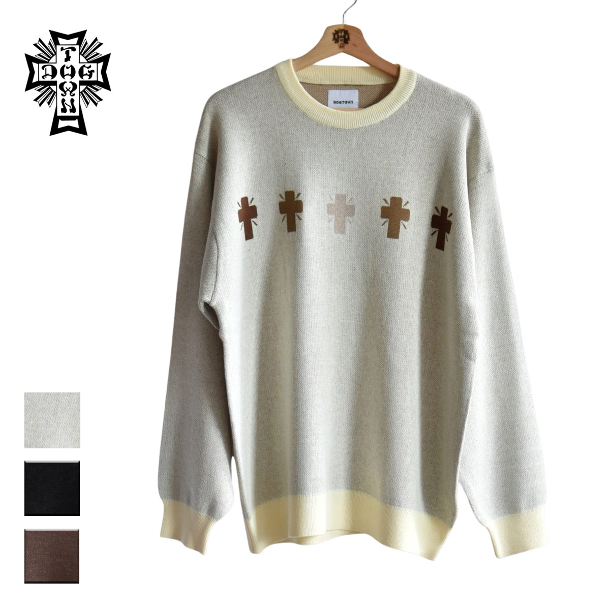 DOGTOWN ドッグタウン DT W JACQUARD KNIT メンズ/レディース アイボリー/ブラック/ブラウン M-XL DT-K-001 【ニット セーター 長袖 長袖ニット ジャガード 柄 クロスロゴ 十字架 おしゃれ ブランド スケート サーフ 黒 茶色】