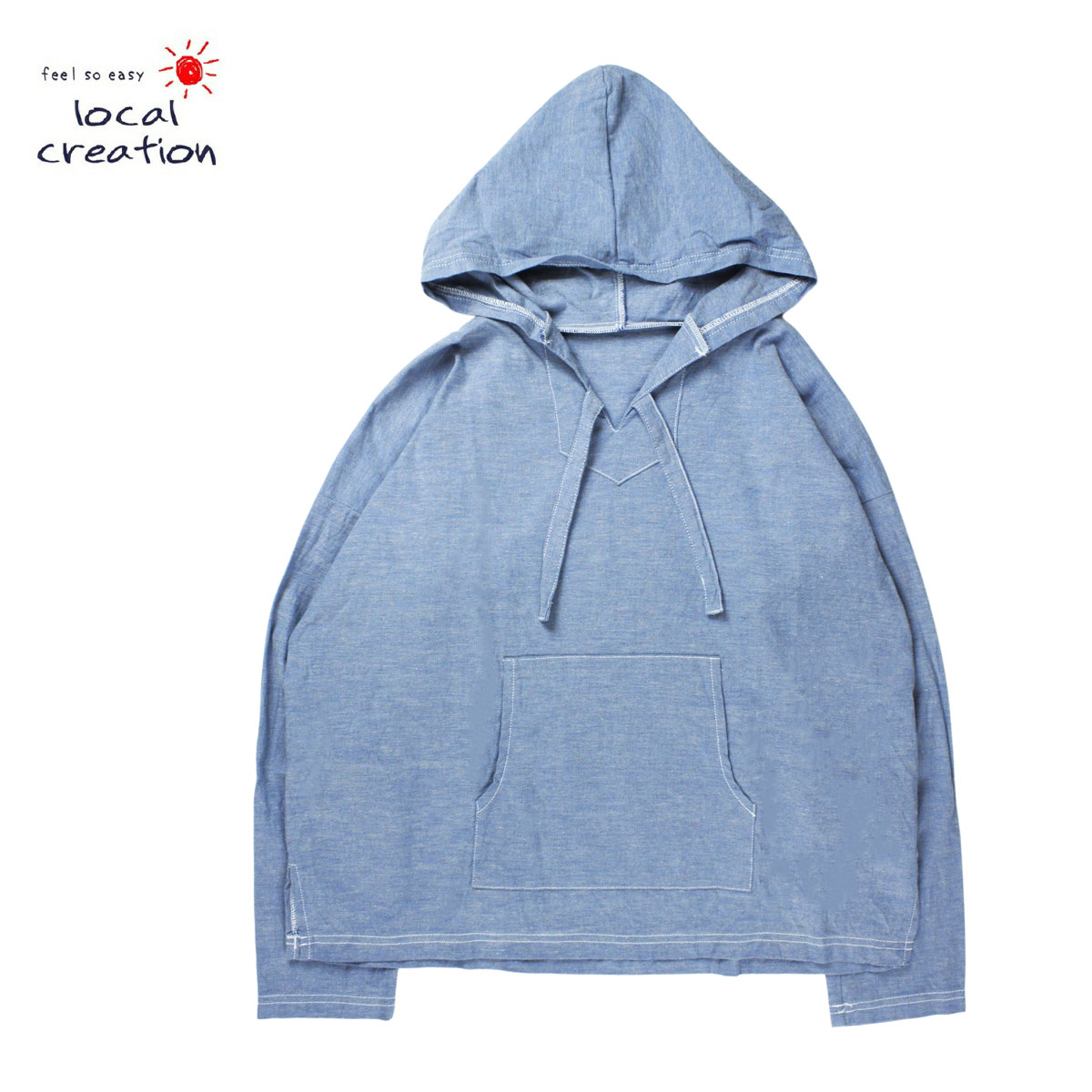 【送料無料】 feel so easy/feel so easy local creation chambray baja parka メンズ/レディース ブルー M-XL 【メキシカンパーカー パーカー プルオーバーパーカー プルオーバー シャンブレー シャンブレー生地 日本製 メキシカン 部屋着 軽量 ブランド おしゃれ 水色 青】