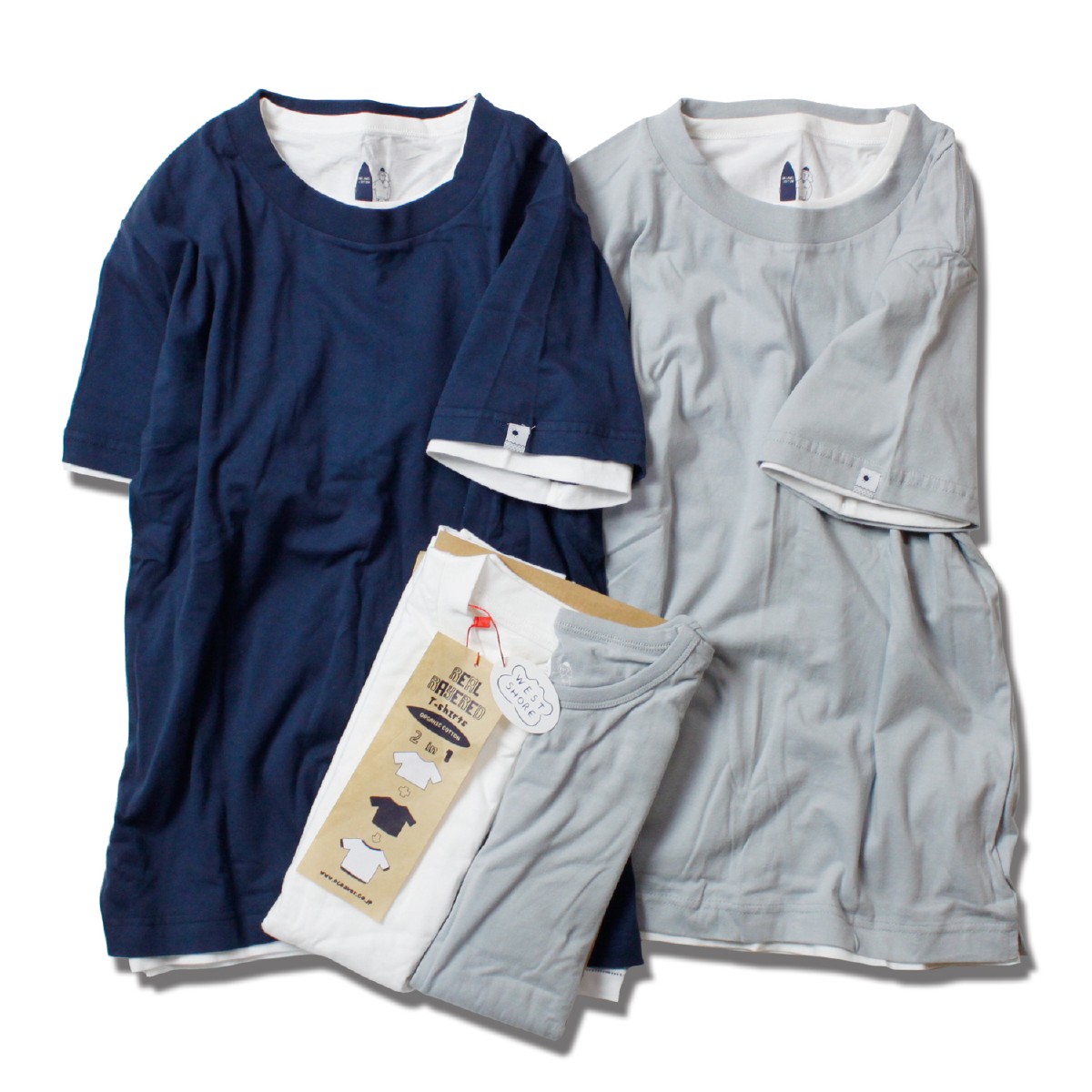 【送料無料】 feel so easy/WEST SHORE ウエストショア 2in1 TEE メンズ/レディース 2枚セット ネイビーXホワイト/グレーXホワイト/ホワイトXグレー M-L