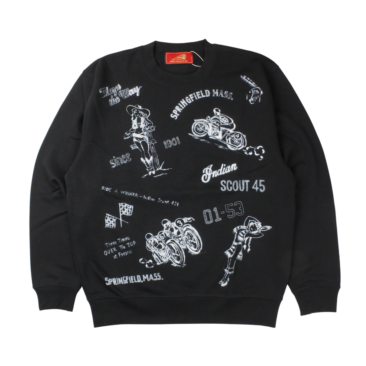 Indian インディアン ハンドペイントスウェット メンズ レディース ブラック ベージュ M Xl インディアンモトサイクル インディアンモーターサイクル トレーナー スウェットトレーナー スウェット スエット バイク レース イラスト おしゃれ ブランド 総柄 黒 白 Sgcc Bm