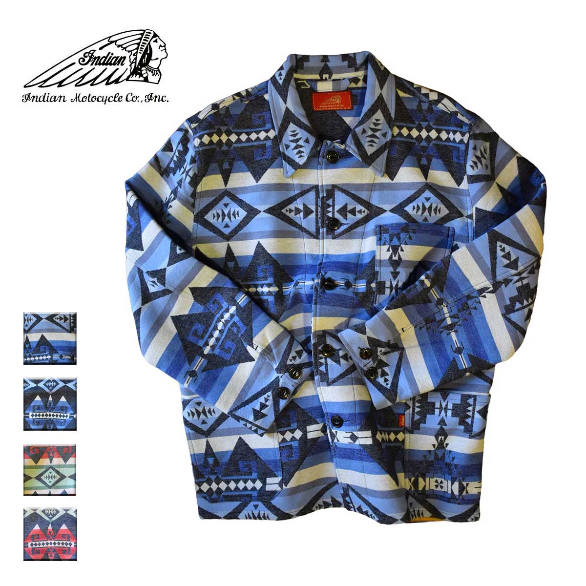 Indian 北米インディアン NAVAJO JACQUARD WORK JACKET メンズ/レディース 青味/インディゴ/カーキ/黒いこと M-L 【インディアンモトサイクル 北米インディアン自動二輪車 細工物上衣 上衣 ナバホー ブランド名 格好のいい ネイティブアメリカン 青 黒】