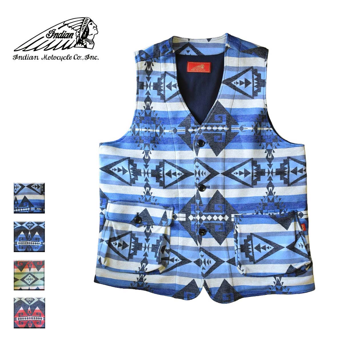 【送料無料】 Indian インディアン NAVAJO JACQUARD WORK VEST メンズ/レディース ブルー/インディゴ/カーキ/ブラック M-L 【インディアンモトサイクル インディアンモーターサイクル ベスト ワークベスト ナバホ 2way ブランド おしゃれ ネイティブアメリカン 青 黒】