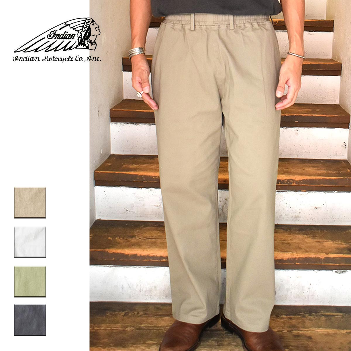 【送料無料】 Indian インディアン CHIMAYO刺繍 EASY PANTS メンズ/レディース ベージュ/ホワイト/カーキ/ブラック M-L 【インディアンモトサイクル インディアンモーターサイクル イージーパンツ チノパン パンツ おしゃれ ブランド ネイティブアメリカン 白 黒】