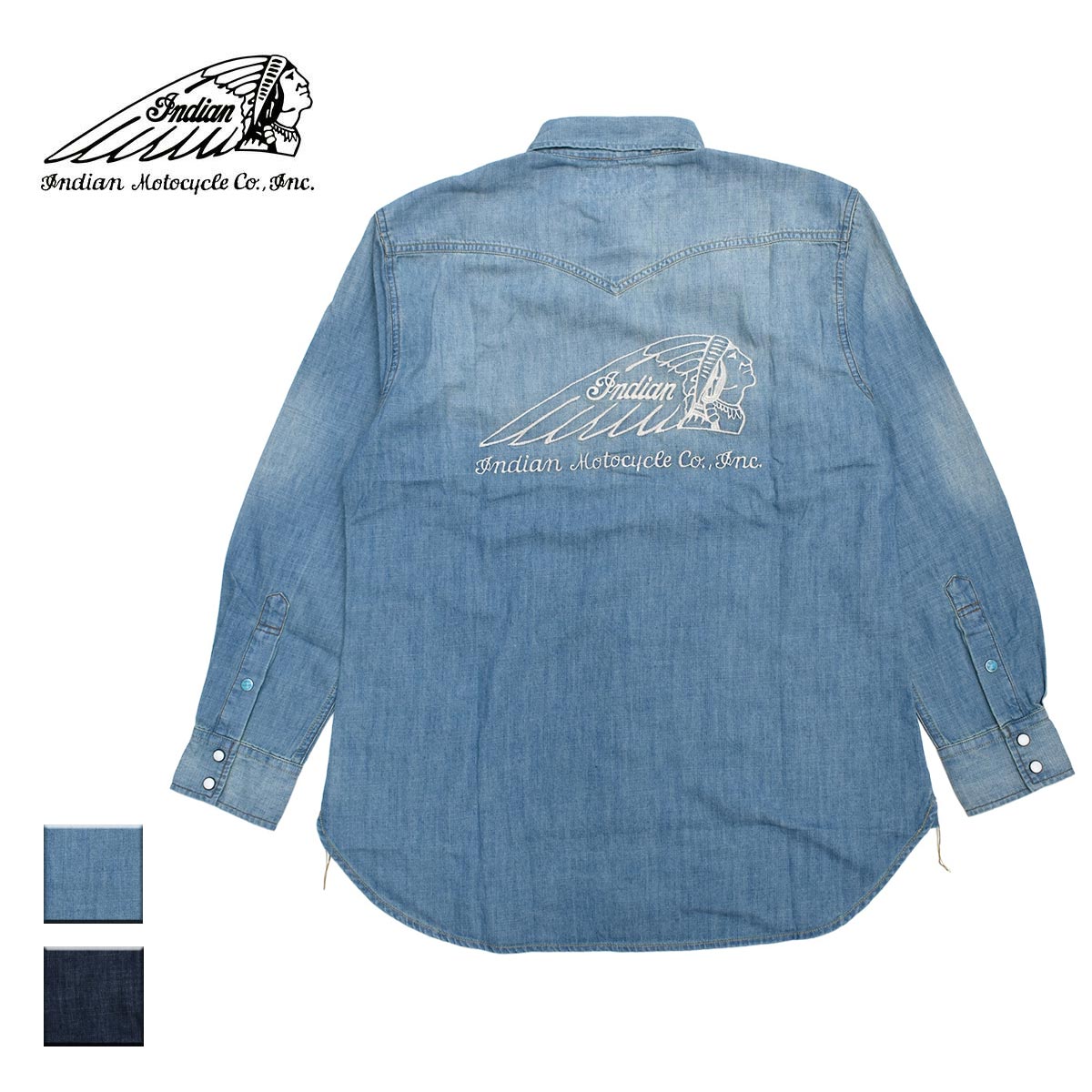 Indian インディアン Denim Western Shirt HEAD DRESS メンズ/レディース ブリーチ/インディゴ M-XL 【インディアンモトサイクル インディアンモーターサイクル ウエスタンシャツ デニムシャツ ワークシャツ シャツ 長袖 長袖シャツ 刺繍 ブランド 青】