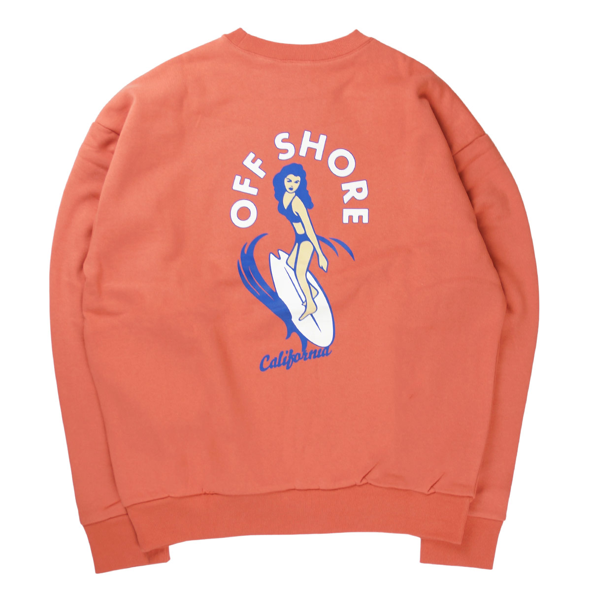 Offshore オフショア Surfgirl Crewneck メンズ レディース オレンジ ナチュラル ブラック S Xl Os21 1sw 001 トレーナー クルーネック サーフガール イラスト レトロ バックプリント プリント サーフィン おしゃれ ブランド サーフ サーフブランド 生成り 黒