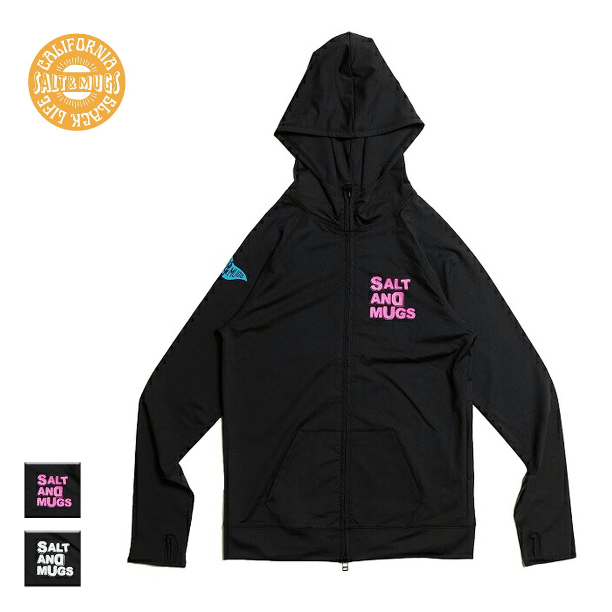 SALT&MUGS ソルトアンドマグス Tropical Rush Guard メンズ/レディース ブラック×ミックス/ブラック×ホワイト M-XL SMCUT001 【ラッシュガード 長袖 パーカー ジップパーカー ロゴ カリフォルニア ロサンゼルス サーフ スケート ブランド 黒 カラフル】