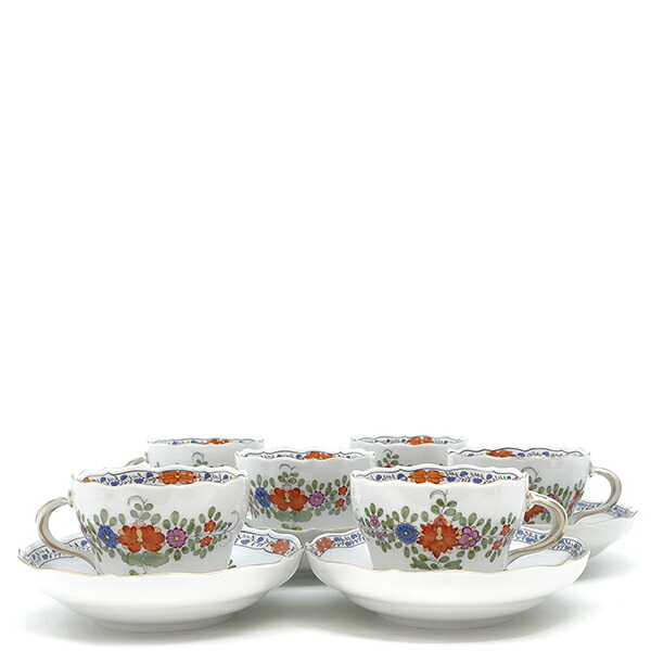 マイセン MEISSEN 食器 インドの華 カップ&ソーサー 6客セット 陶磁器 ホワイト×マルチカラー×ゴールド 白 コーヒー ティー 【箱】 【中古】|ブルークウォッチカンパニー