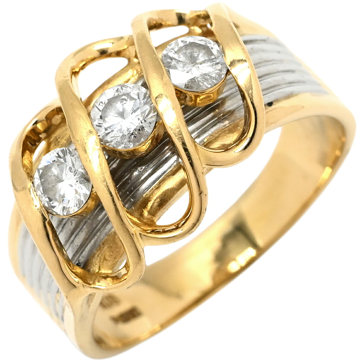 リング 指輪 ダイヤモンド 0.54ct イエローゴールドXプラチナシルバー 3石 3粒 ブリリアントカット 18K 750 YG プラチナ コンビ ダイア 15号 【中古】｜ブルークウォッチカンパニー
