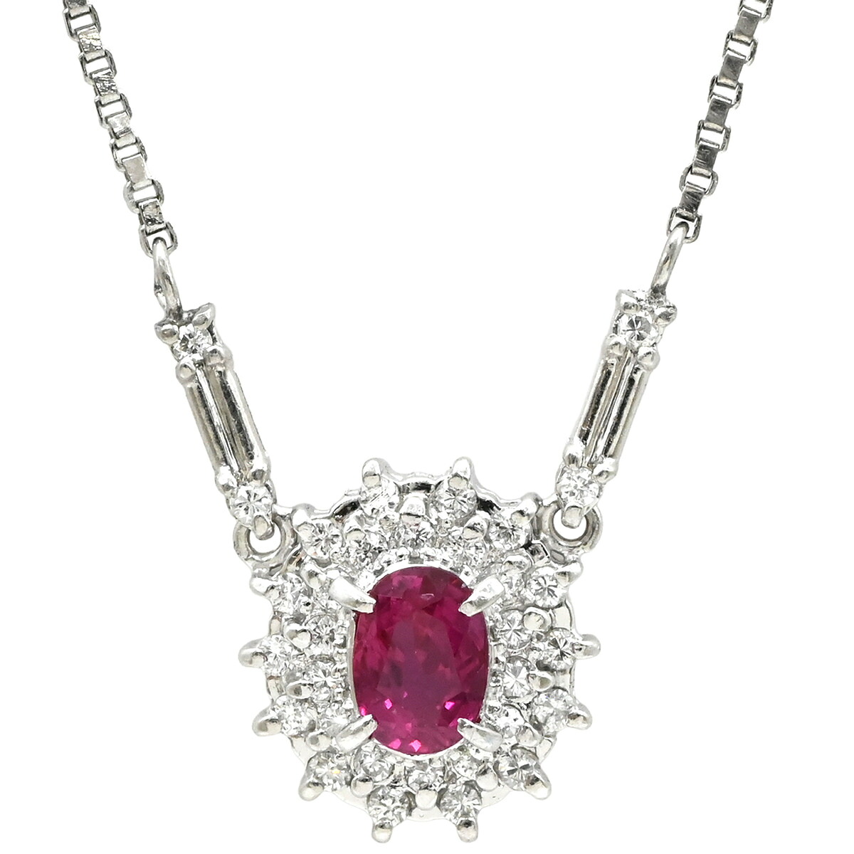 ネックレス ルビー 0.52ct ダイヤモンド ペンダント プラチナシルバー 赤 1石 1粒 オーバルカット プラチナ ベネチアンチェーン 【中古】｜ブルークウォッチカンパニー