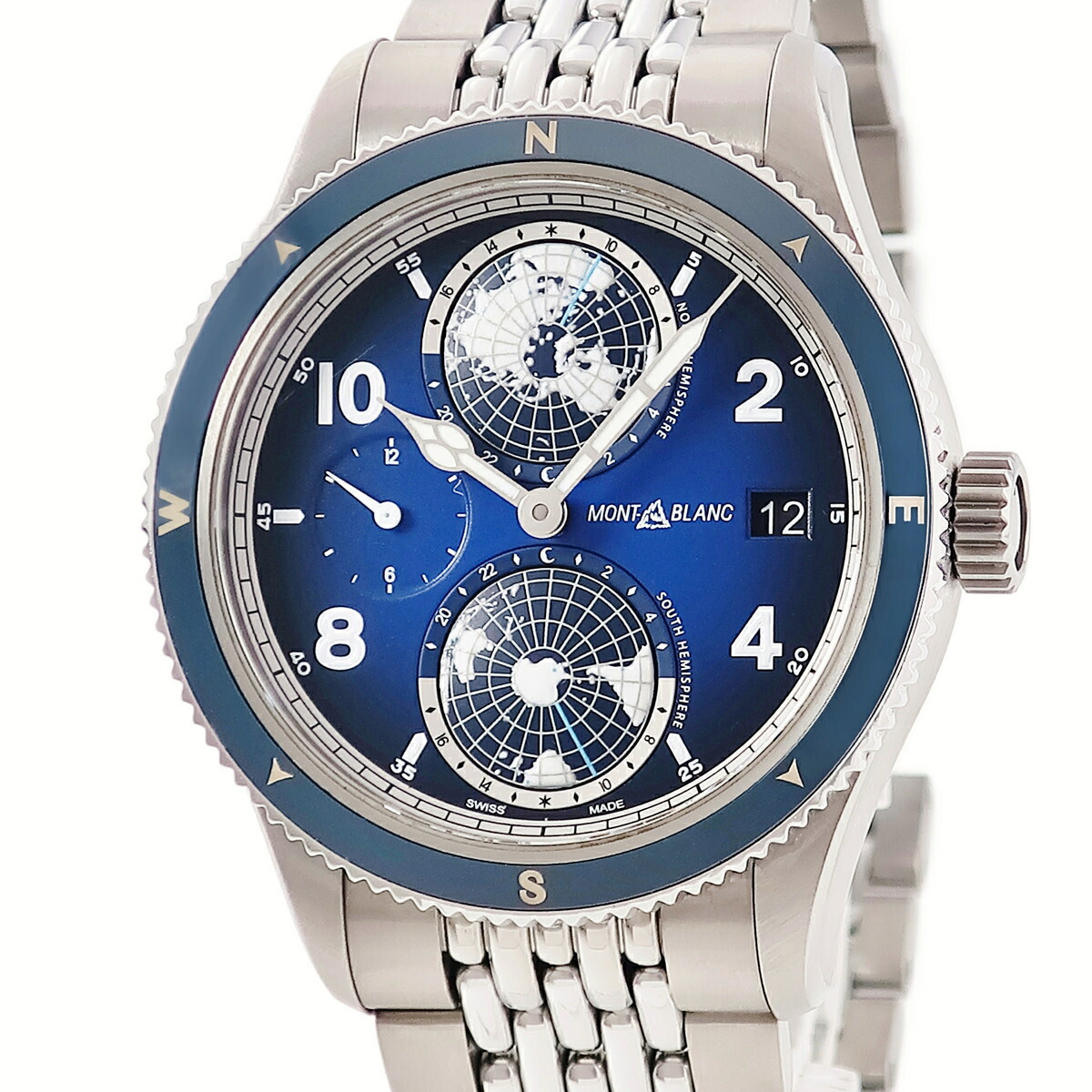 モンブラン Montblanc 1858 ジオスフェール MB125567 青 デイト ワールドタイム 第2時間帯表示 デイ&ナイト メンズ 腕時計自動巻き ブルー 【中古】|ブルークウォッチカンパニー
