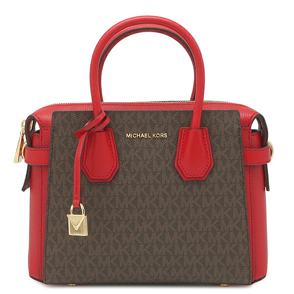 マイケルコース Michael Kors 2WAYバッグ MERCER ベルテッド サッチェル スモール PVC レザー レッド&times;ブラウン ゴールド金具 パドックチャーム 30S9GM9S1B 【保存袋】 【中古】｜ブルークウォッチカンパニー 9,728円