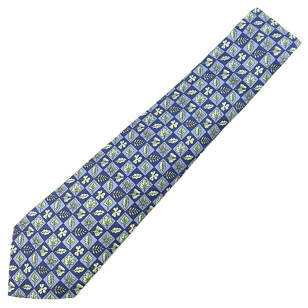 エルメス HERMES ネクタイ 総柄 9cm シルク ネイビー&times;ブルー 市松模様 葉っぱ リーフ柄 【中古】｜ブルークウォッチカンパニー
