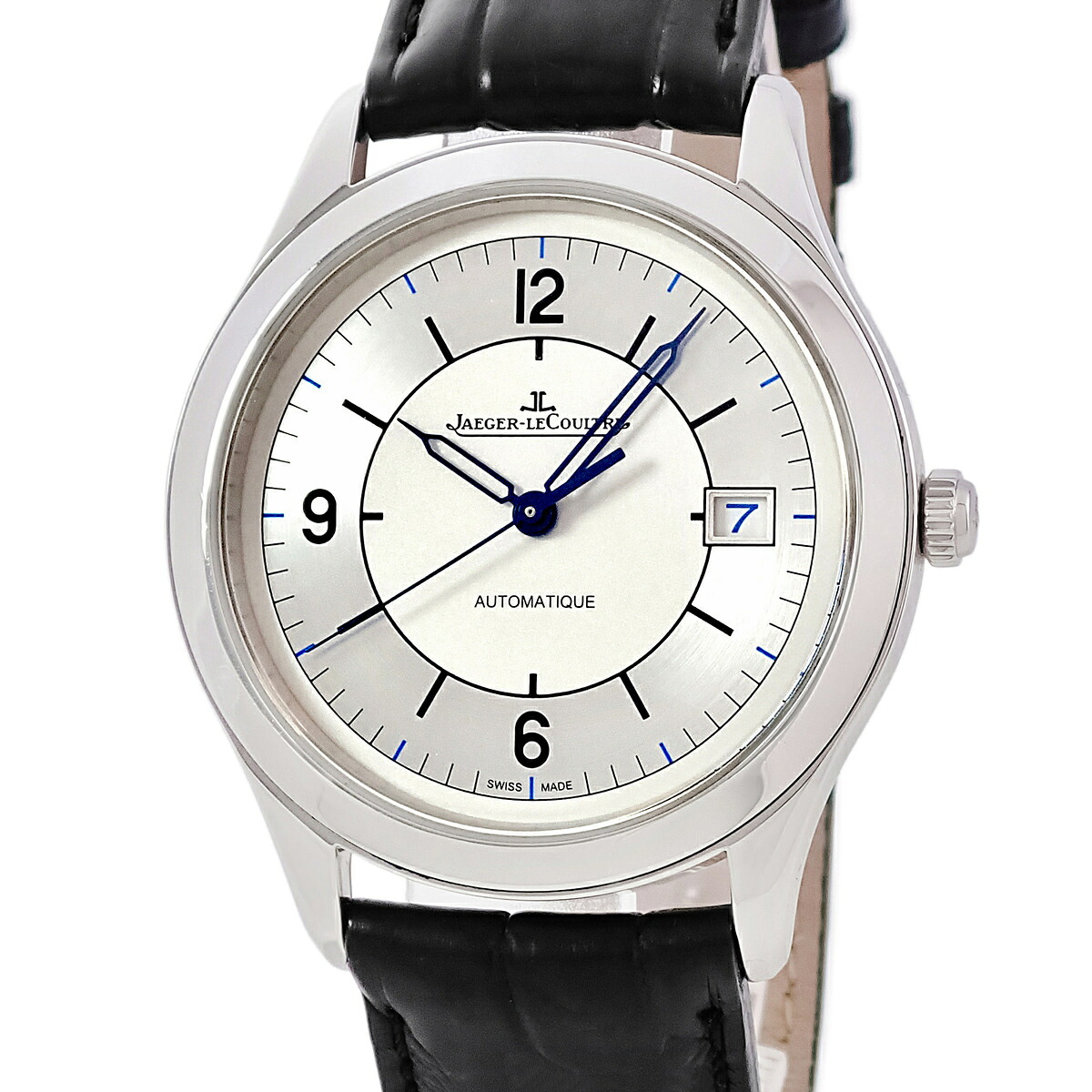 ジャガールクルト JAEGER LECOULTRE マスター コントロール デイト Q1548530 176.8.40.S 青針 シースルーバック メンズ 腕時計自動巻き シルバー 【中古】｜ブルークウォッチカンパニー