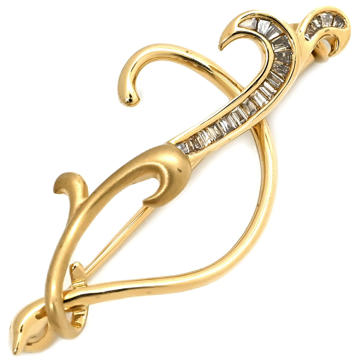 ブローチ ダイヤ 0.14ct イエローゴールド Au750 YG オープンワーク 曲線デザイン バゲットカット 【中古】｜ブルークウォッチカンパニー 96,000円
