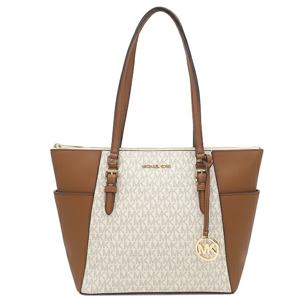 マイケルコース Michael Kors トートバッグ シャーロット ラージ トップジップ トート PVC レザー バニラ ゴールド金具 白 茶 MKシグネチャー 35T0GCFT3B 【保存袋】 【中古】｜ブルークウォッチカンパニー