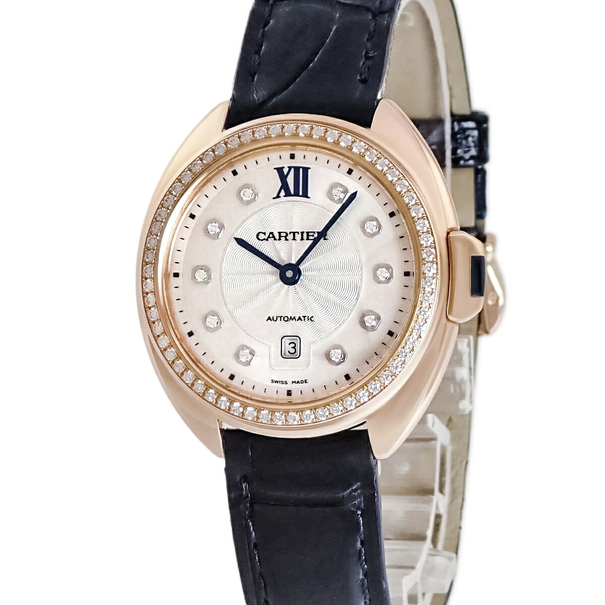 カルティエ Cartier クレ ドゥ カルティエ 31mm WJCL0038 K18PG無垢 純正ダイヤ ローマン デイト 青針 レディース 腕時計自動巻き シルバー 【中古】｜ブルークウォッチカンパニー