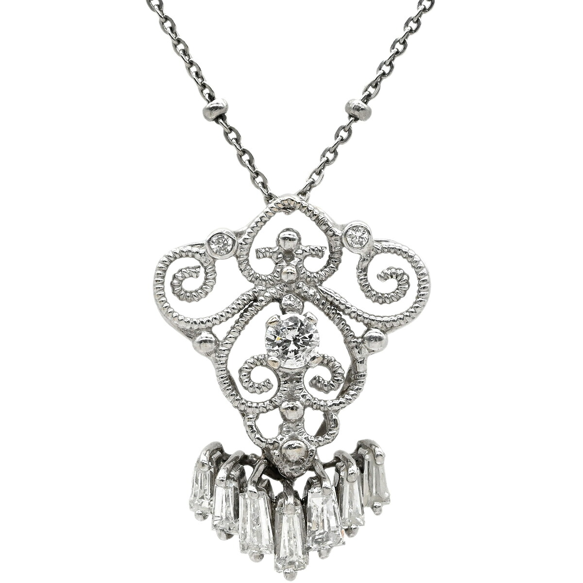 ネックレス ダイヤモンド 0.78ct ホワイトゴールド&times;プラチナシルバー K18WG Pt900 Pt850 コンビ シャンデリアペンダント バゲットカット 【中古】｜ブルークウォッチカンパニー 160,000円