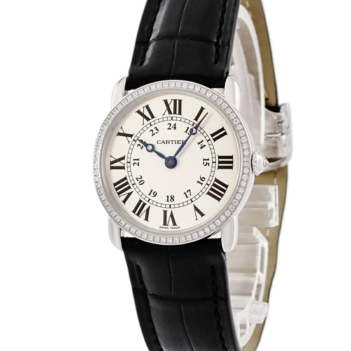 カルティエ Cartier ロンド ルイ カルティエ SM WR000251 K18WG無垢 純正ダイヤ アイボリー 青針 レディース 腕時計クオーツ ベージュ 【中古】｜ブルークウォッチカンパニー
