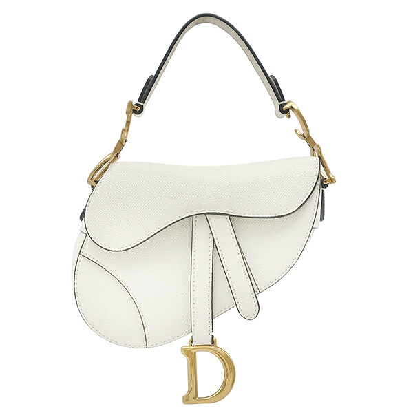 クリスチャン・ディオール Christian Dior ショルダーバッグ サドルバッグ スモール グレインカーフレザー ホワイト ゴールド金具 白 【保存袋】 【中古】｜ブルークウォッチカンパニー