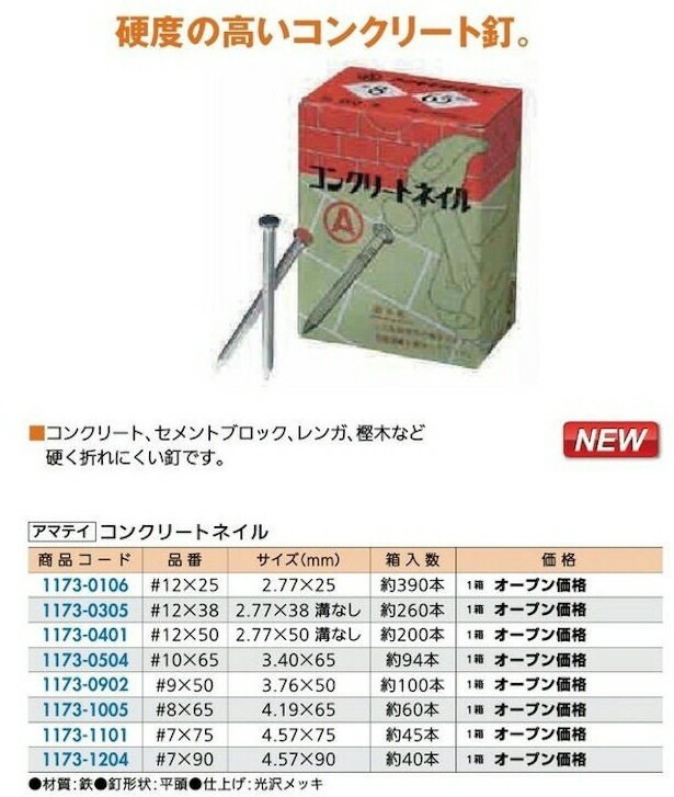 楽天市場 ファスニング Amatei アマティ コンクリートネイル くぎ 規格 12 50mm 1箱 約0本 500g 1173 0401 564 ブルーピーター