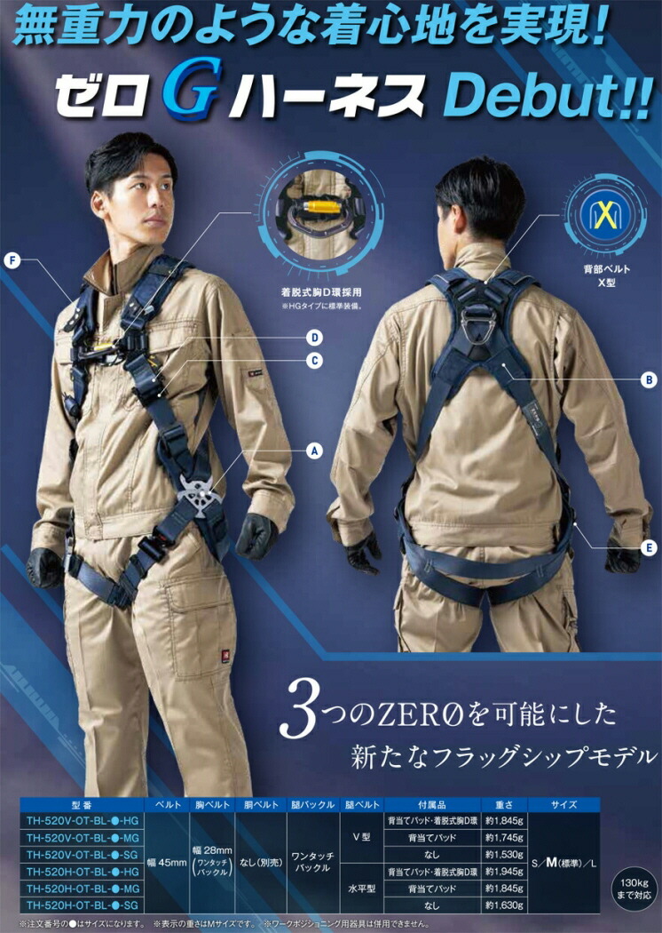 【送料込み(一部地域除く)】 【現場保安用品】FUJII DENKO(藤井電工) 新規格対応 ツヨロンフルハーネス ZERO-G 腿部水平型 ミドルグレード Lサイズ TH520H-OT-BL-L【572】