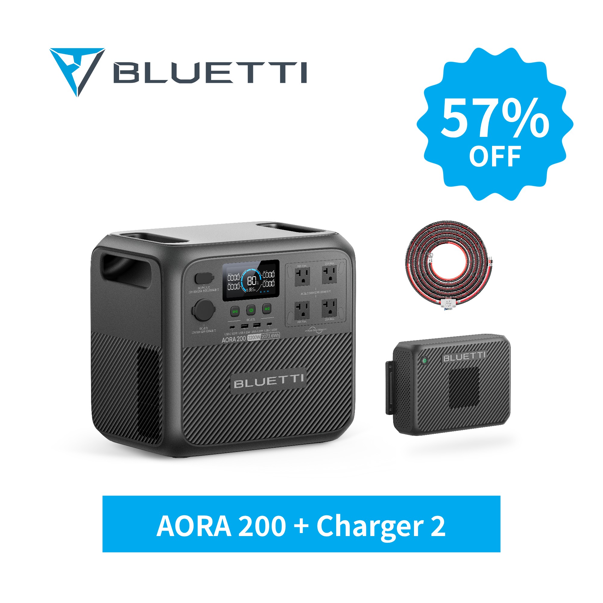 【クーポン利用で158,928円 4/18迄】BLUETTI ポータブル電源 AORA 200（旧Elite 200 V2）+Charger 2走行充電器 大容量 2073Wh 2200W リン酸鉄 17年長寿命 1.7時間満充電 15dB超静音 UPS 軽量化 節電 防災 停電 台風 車中泊 DC入力ケーブル付き 非常用