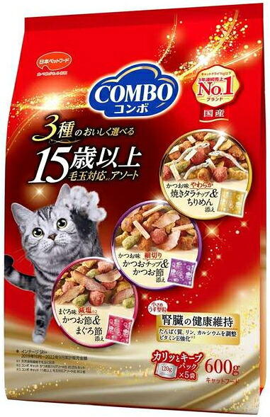 【日本ペット】コンボ　キャット　１５歳以上　毛玉対応アソート　６００ｇｘ１２個（ケース販売）