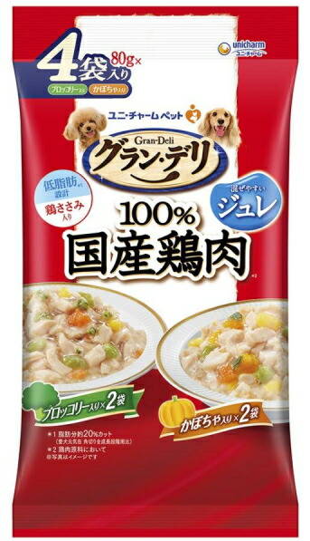 【ユニチャーム】グランデリ　１００％国産鶏肉パウチ　ジュレ　成犬用　ブロッコリー入り、かぼちゃ入り　８０ｇｘ４袋ｘ１６個（ケース販売） 4,717円
