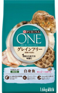 【ネスレピュリナ】ピュリナワン グレインフリー １歳から総べての年歯に 卵白魚 １．６ｋｇｘ６個（容れもの売りわたす）
