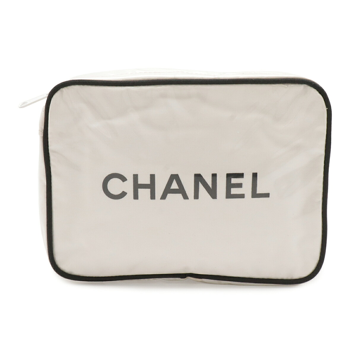 CHANEL シャネル ロゴ トラベルポーチ コスメポーチ 化粧ポーチ 小物入れ ビニール ホワイト 白 ブラック 黒 【中古】｜Blumin 店
