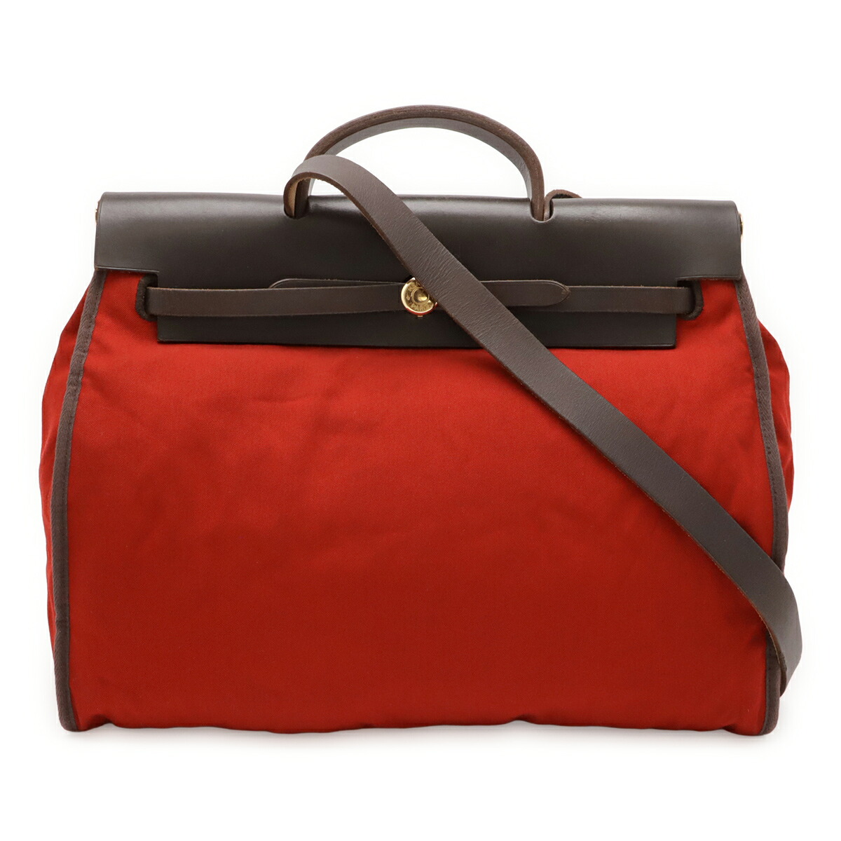HERMES エルメス エールバッグMM ショルダーバッグ ポシェット キャンバス レザー レッド 赤 オレンジ ダークブラウン □H刻印 【中古】|Blumin 店